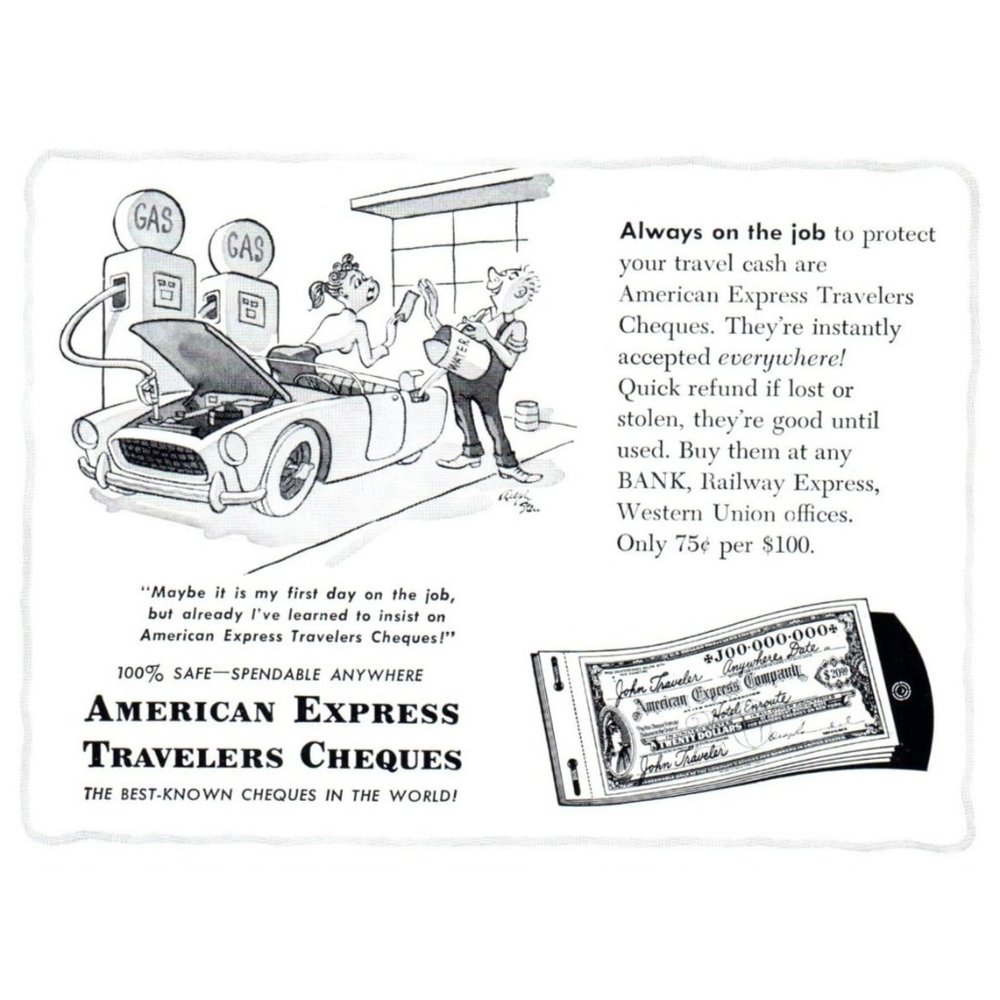 1954 American Express Travelers Cheques Vintage Print Ad Gas Pumps Wall Art
